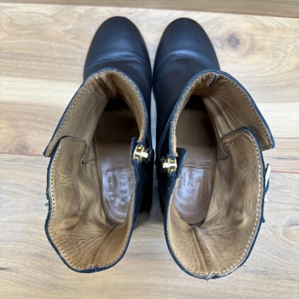 Sezane Womens Ankle Boots 6.5 EU 37 Black‎ Leather Ankle Slip On Equestrian Zip